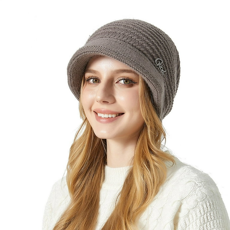 Slouchy Knit Beanie with Brim Visor, Womens Winter Beanie Hat
