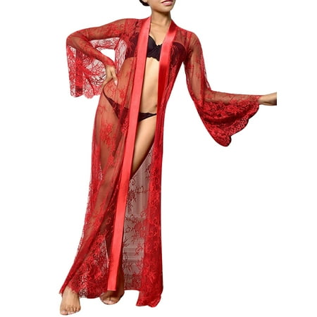 

LilyLLL Womens Floral Lace Nightdress Kimono Long Bathing Robe Sleepwear Gown