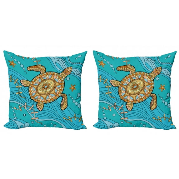 Ambesonne Turtle Throw Pillow Cover 2 Pack, Doodle Water, 20", Turquoise