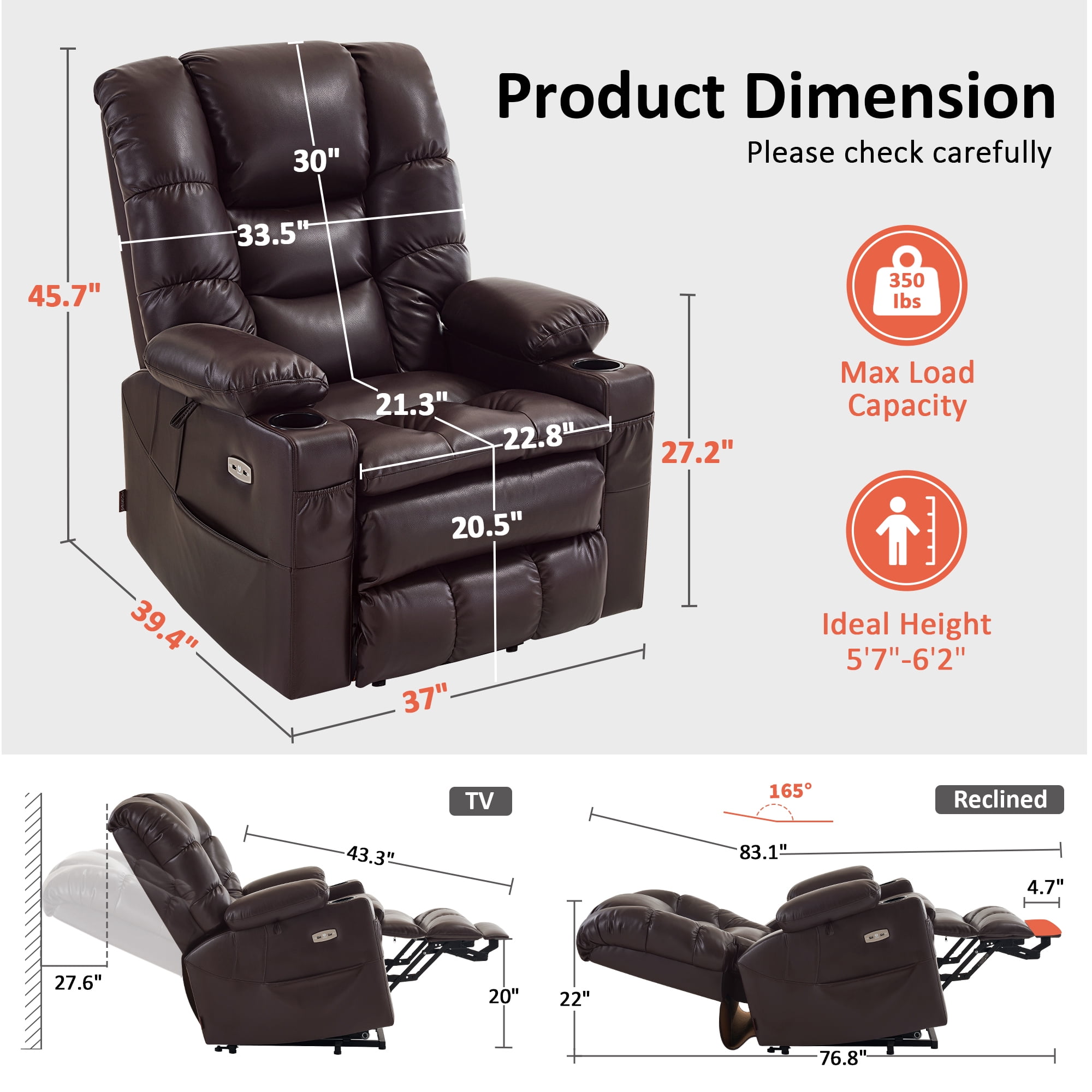 MCombo Large Triple Motor Power Lift Recliner Chair for Tall Elderly, Faux Leather, Dark Brown