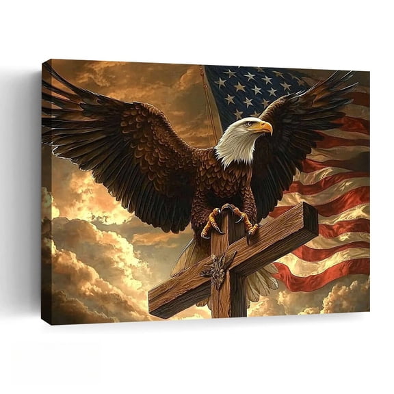 "Bald Eagle on Cross with American Flag" Canvas Wall Art, Patriotic Wildlife Illustration, Bold Decor for Man Cave, Office & Modern Home