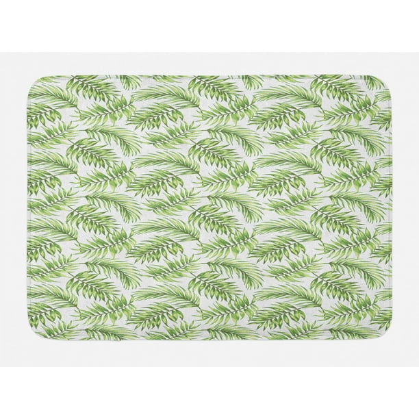 Palm Leaf Bath Mat, Exotic Pattern with Tropical Leaves in Watercolor