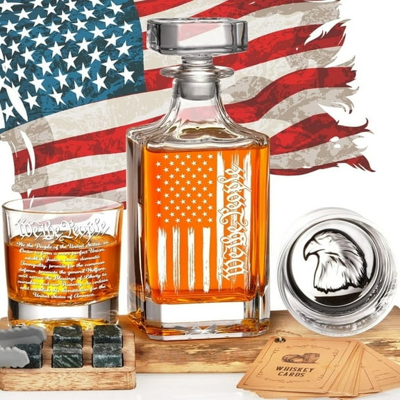 PONPUR Whiskey Decanter Set (750ml   2 Glasses) – Engraved "We The People" & American Flag, Patriotic Presents for Men/Dad (Christmas, Boss Day, Birthday)
