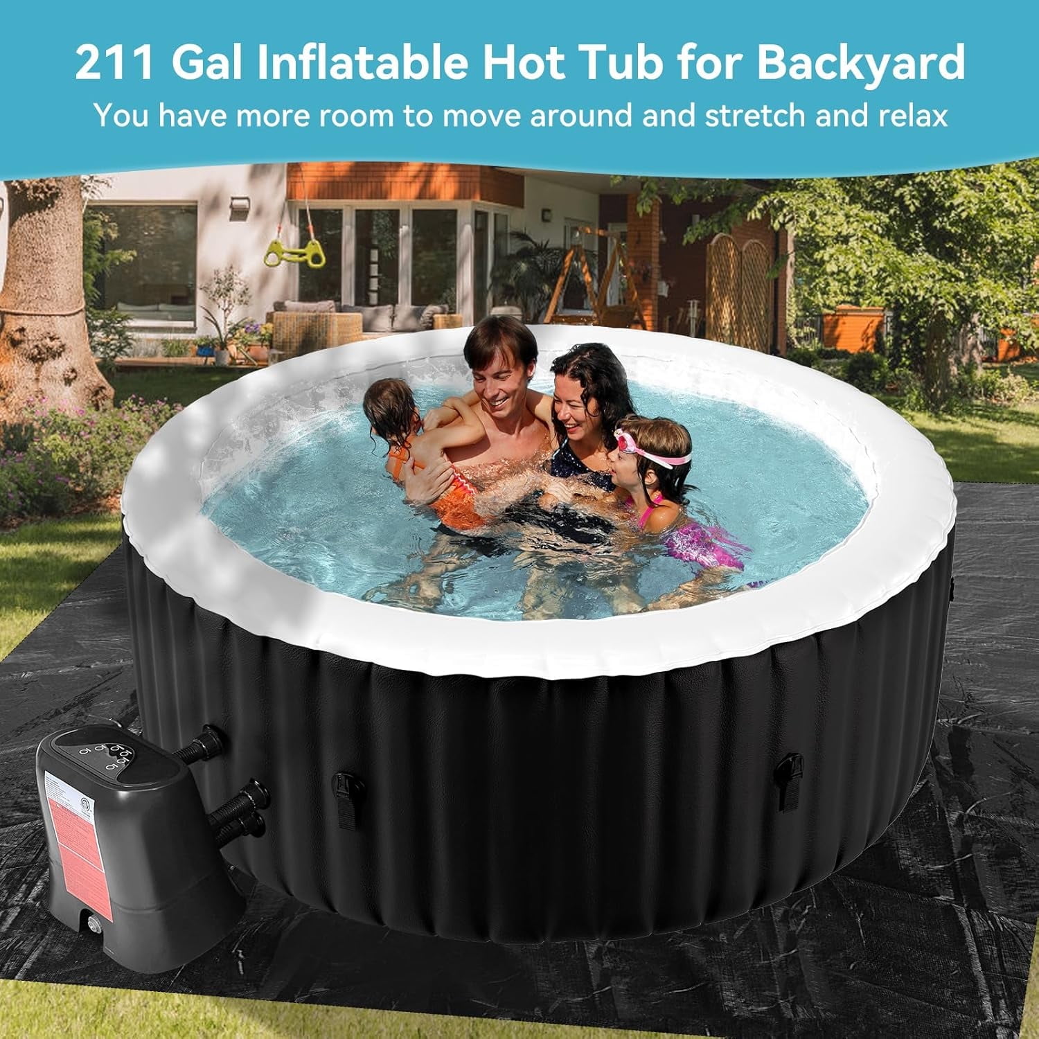 211 Gallon Inflatable Hot Tub 4 Person Round with Control Panel, Portable Outdoor AirJet Hot Tub Spa with 110 Bubble Jets, Filter, Insulated Tub Cover and Floor Protector, Temperature up to 104°F