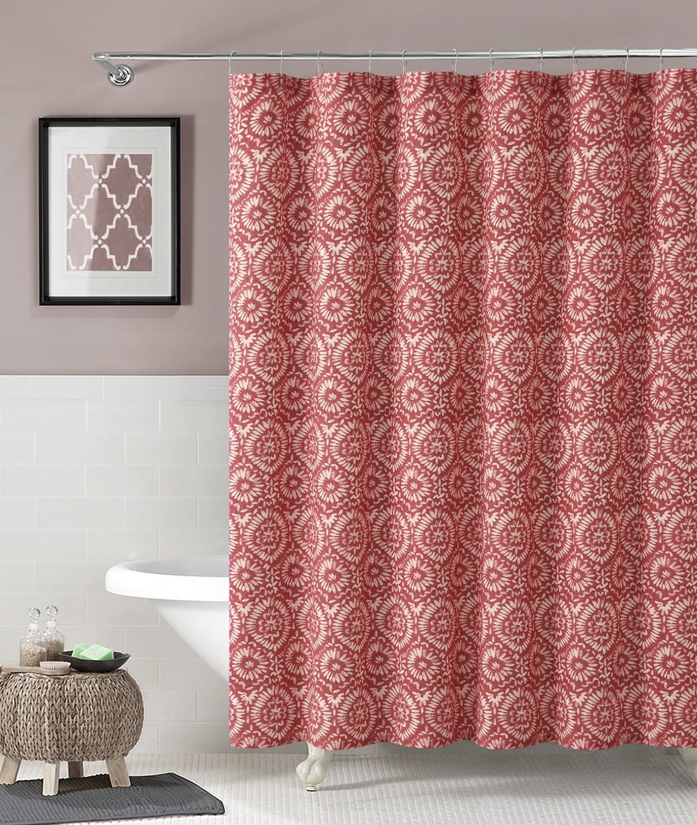 100 Cotton Fabric Shower Curtain Coral and White Floral Medallion