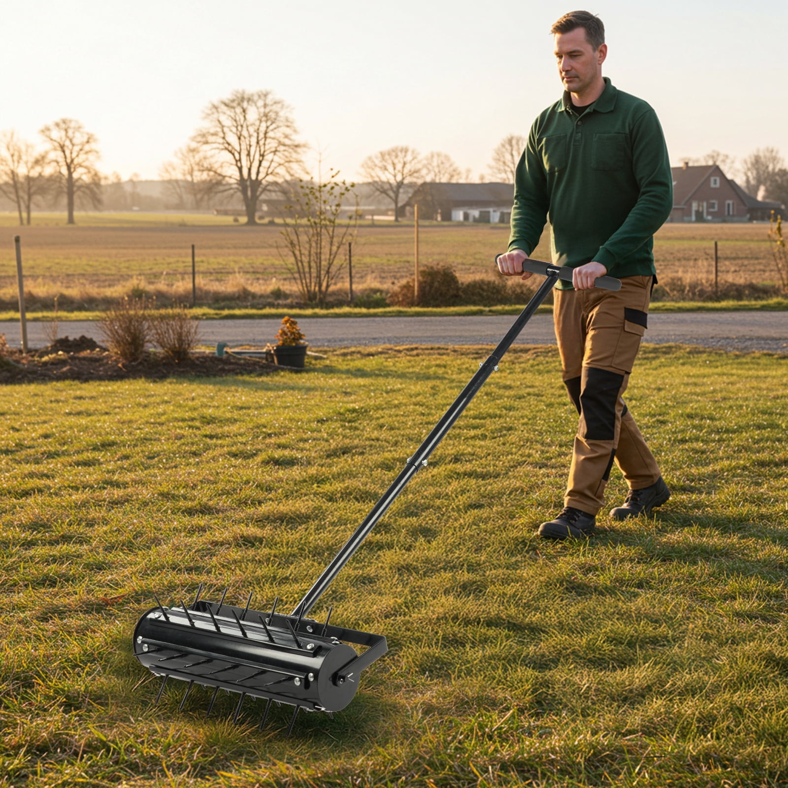 17-Inch Rolling Lawn Aerator with T-Shaped Handle, 2-Inch Steel Spikes, Galvanized Steel Frame, Universal for All Soil Types, Heavy-Duty Lawn Aeration Tool for Yard Patio Garden