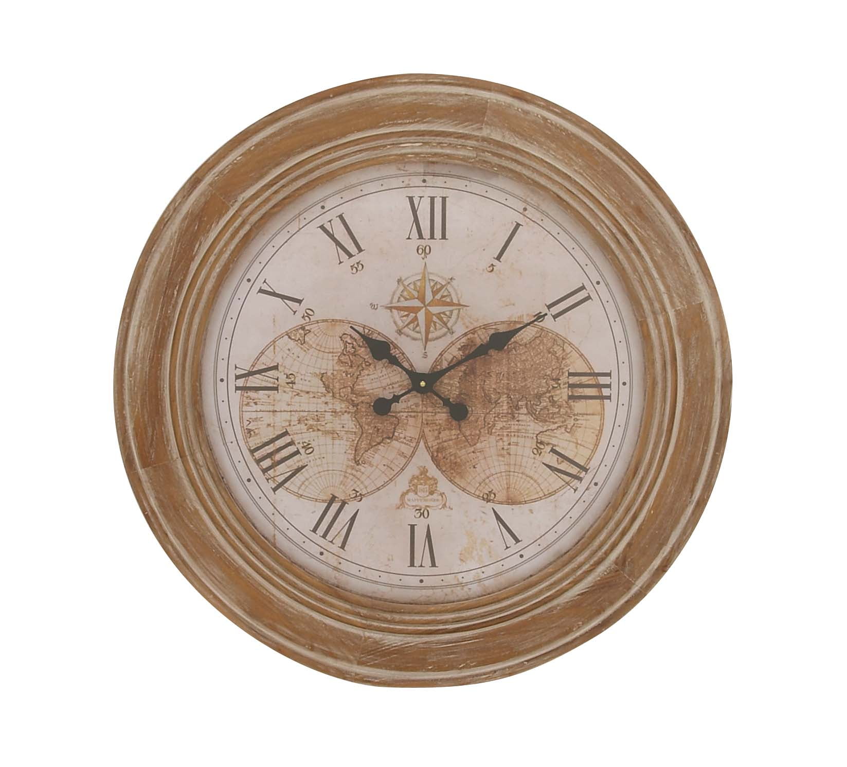 Decmode Traditional 31 Inch Distressed Pine Wood Round World Map