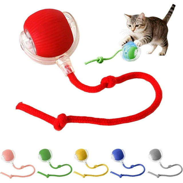 Jouet pour Chat, Balle Interactive avec Queue, Jouets à Roulettes Rechargeables USB, Mouvement 360° pour Chats et Chatons d'Intérieur, Jeu de Poursuite Intelligent, Rouge
