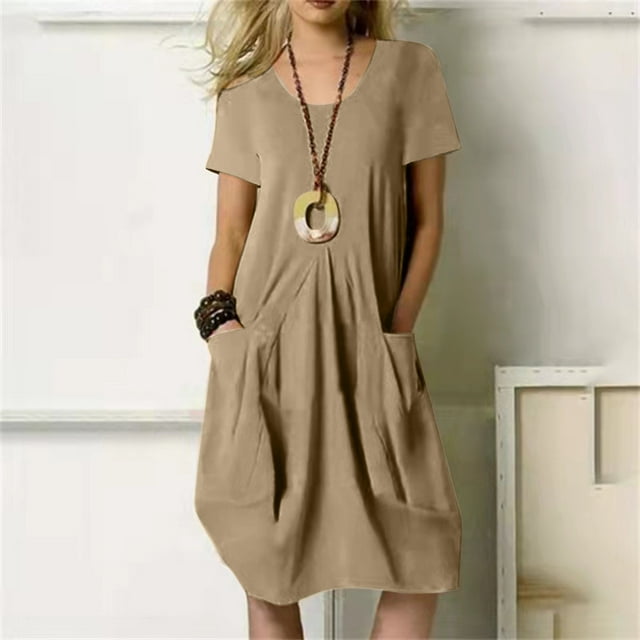 Mefallenssiah Mode Casual Col Rond Bouton Manches Courtes Coton Lin Genou-Haut Robe de Poche Robes Solides