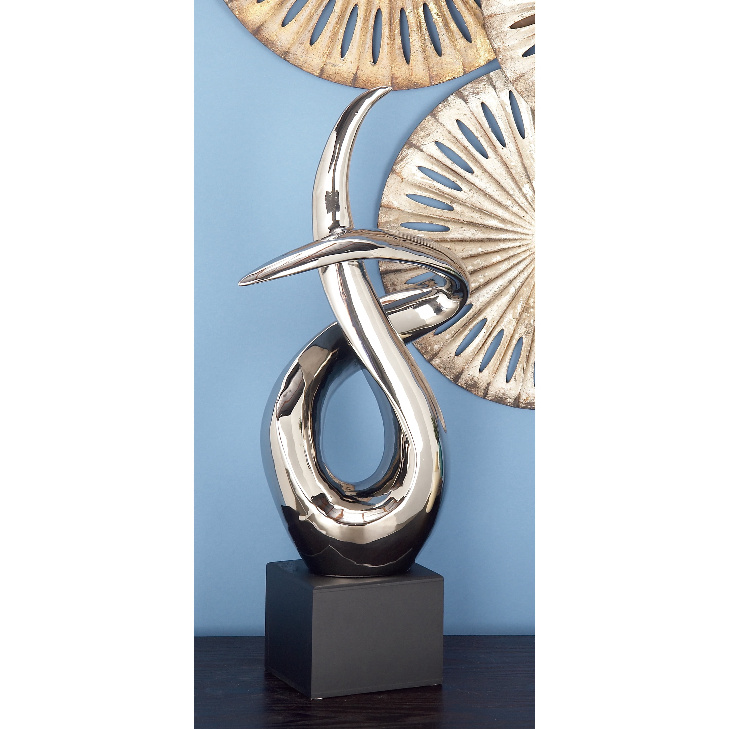 10" x 22" Silver Ceramic Swirl Abstract Sculpture with Black Base, by DecMode