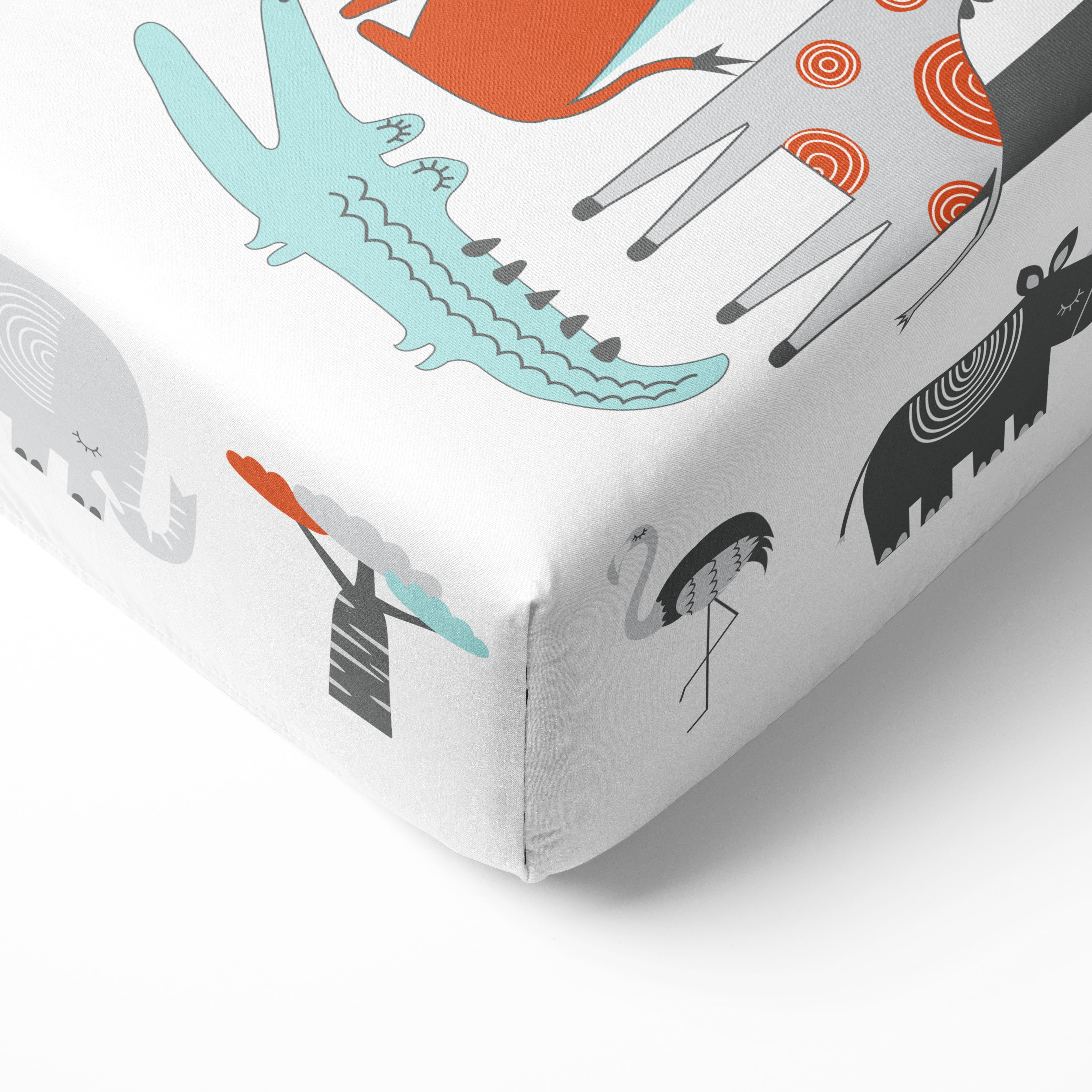 Crib or Toddler Bed Fitted Sheet 100% Cotton Percale, Safari Jungle Aqua/Orange/Grey
