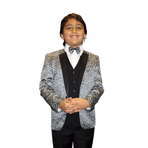 B-Bellagio Silver 5Pc Suit Shirt,Bowtie & Vest For Kids By Alberto Nardoni Brand Designer