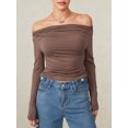 thumbnail image 3 of ZAXARRA Women Off Shoulder Crop Tops Long Sleeve Solid Color Slim Fit Ruched T-Shirts Dressy Blouses, 3 of 8