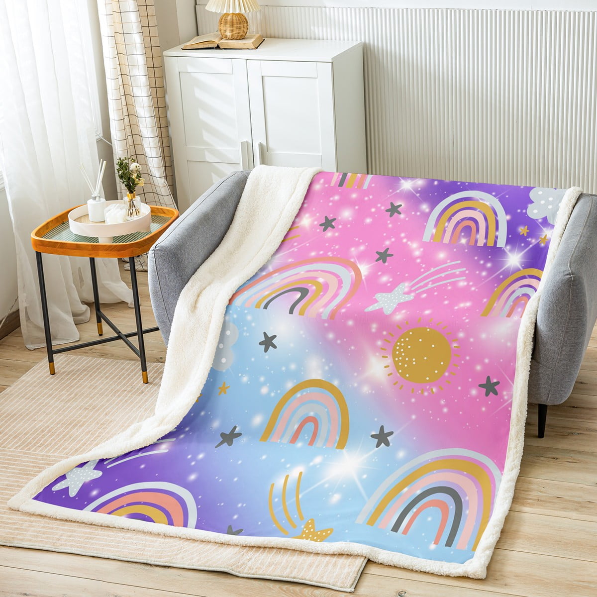 YST Rainbow Glitter Throw Blanket For Girls Iridescent Sun Cloud Stars Sherpa Blanket Queen Size Rainbow Gifts For Kids Sparkle Galaxy Sparkle Fleece Blanket Tie Dye Pastel Flannel Blanket Walmart