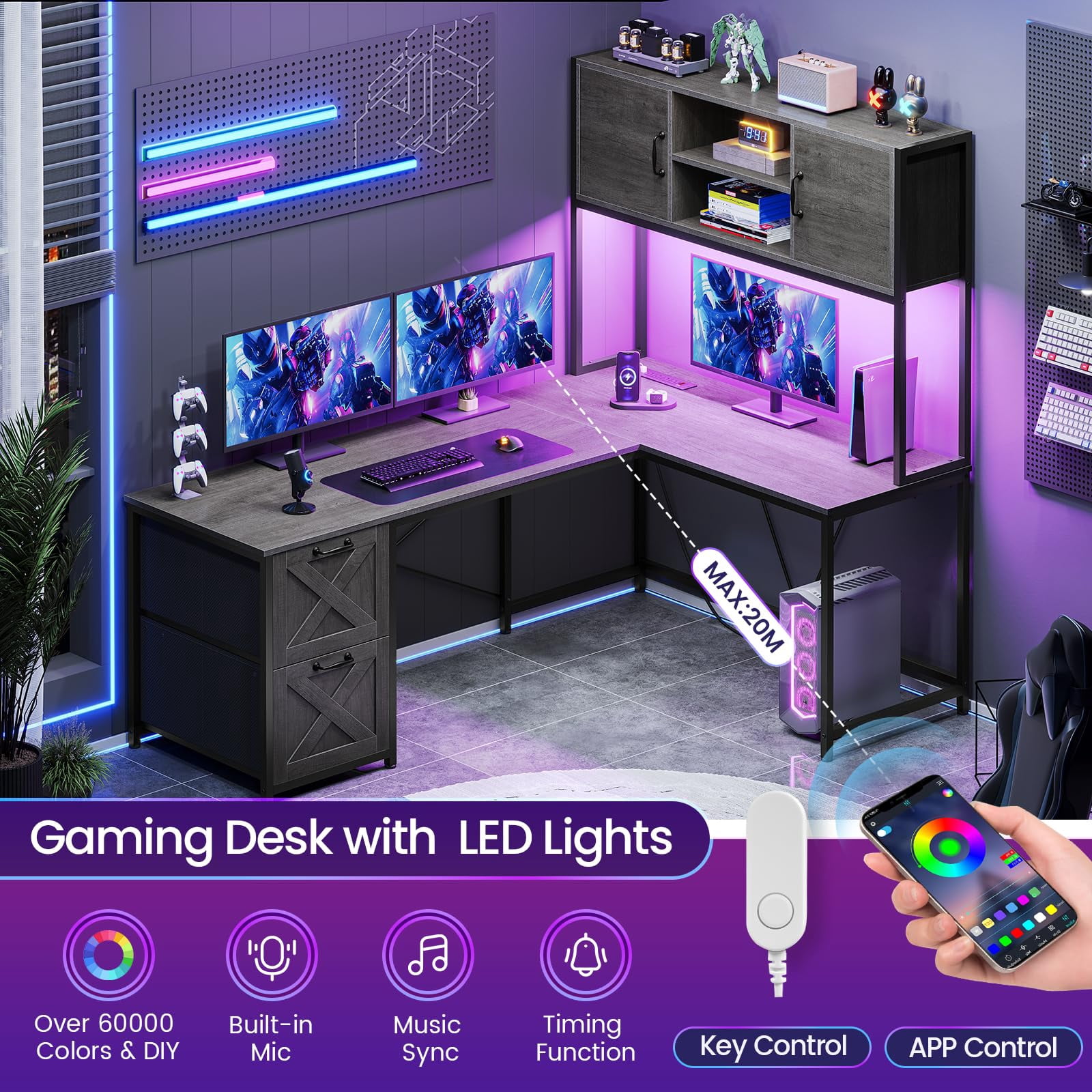 L Shaped Computer Desk 2 Drawers, Reversible Home Office Desk with Led Lights, Hutch and Storage Shelf