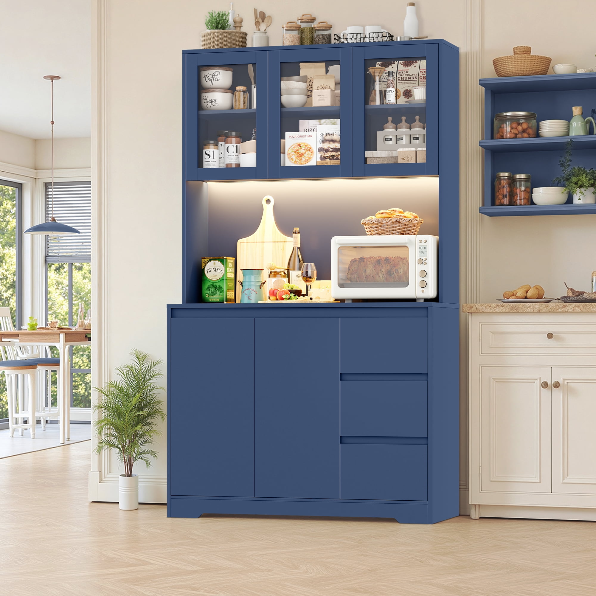 Homfa 70.9'' Kitchen Pantry Cabinet with Charging Station and LED Light, 3 Drawers Buffet Storage Cabinet with Glass Doors and Adjustable Shelves, Blue
