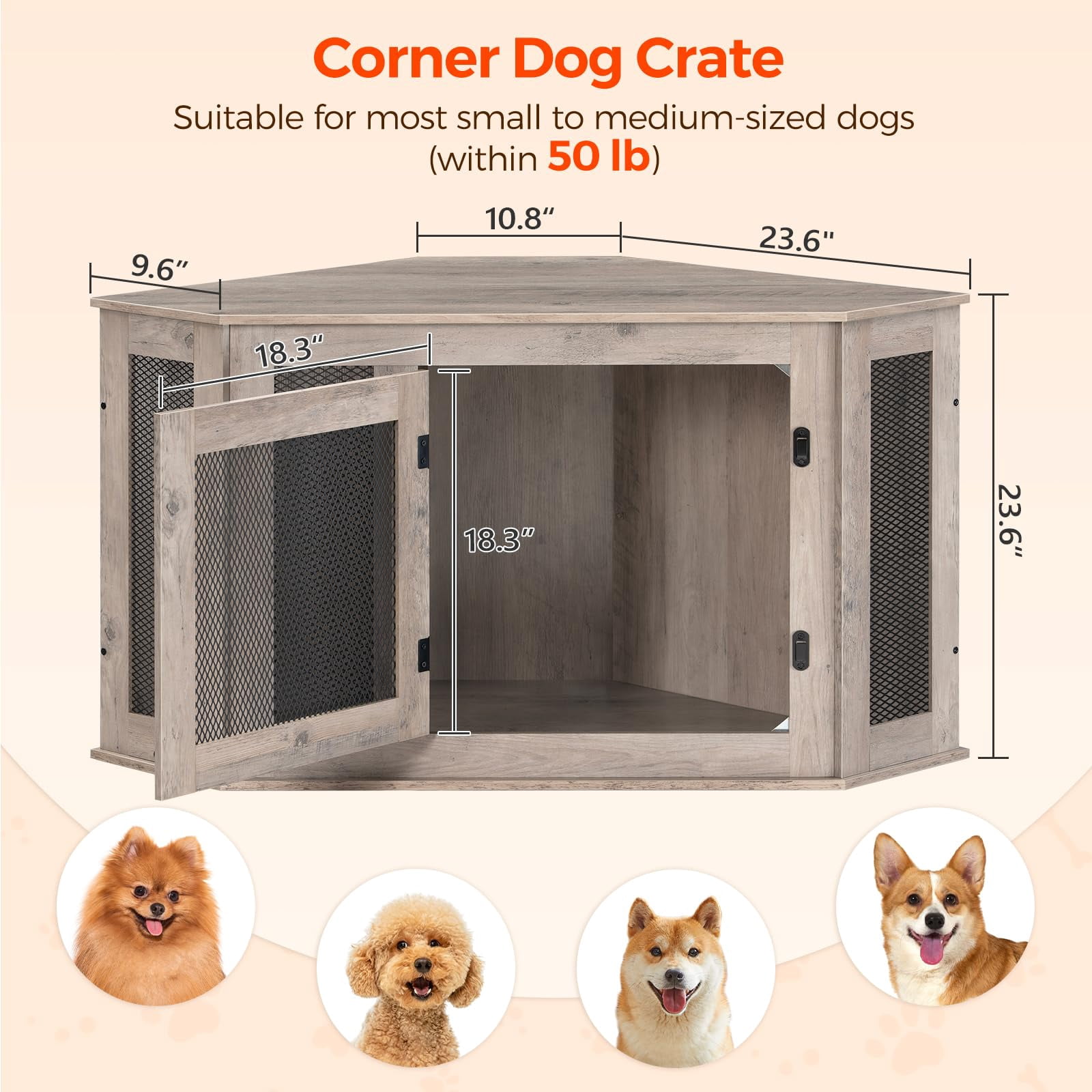 Greige Corner Dog Crate Furniture, Wooden Pet Kennel End Table for Small-Medium Dogs