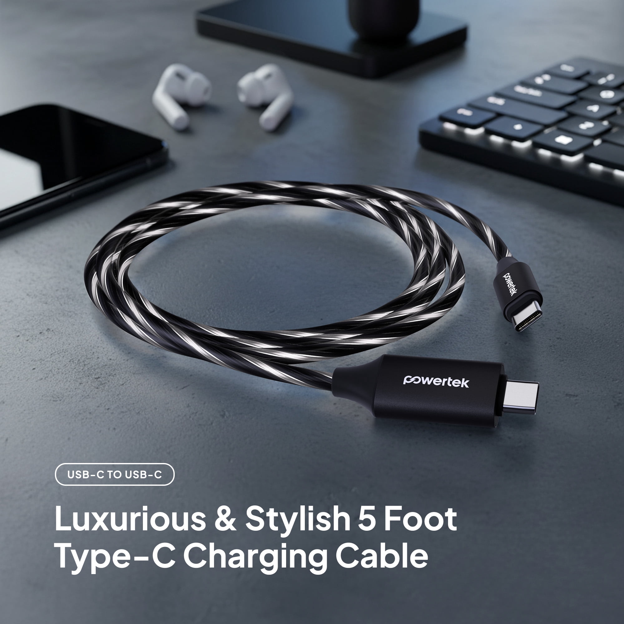 Powertek Light-Up USB-C to USB-C Fast Charging Cable, 60W, 5 ft, Black