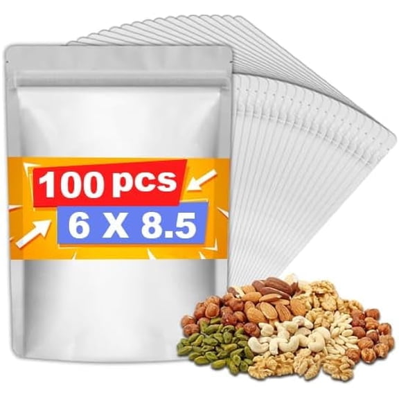 Mylar Bags for Food Storage, Foil Bags, Reusable Food Storage Bags, Freshie Bags, Stand-Up Zipper Pouches Resealable for Long Term Food Storage (6" X 8.5",100 PCS)