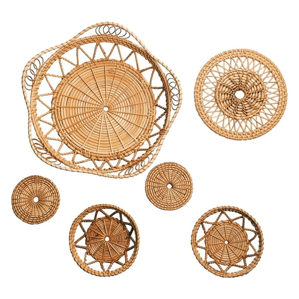 Juego de decoración de pared, adornos de pared artesanales tejidos de ratán únicos y decorativos, arte de pared 6 piezas