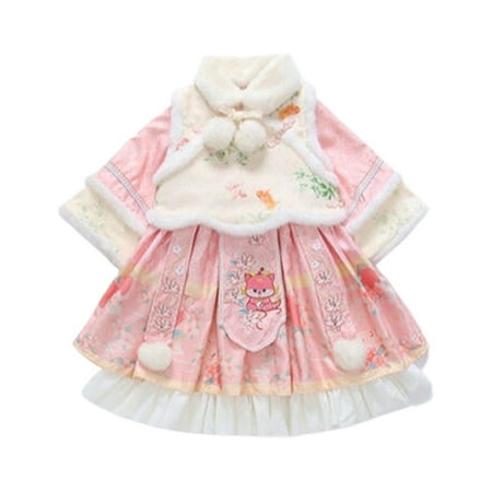 

Binhe Toddler Girls Traditional New Year Winter Set Long Sleeve Furry Hem Long Dress + Animal Printed Vest + Scarf or Treating Comfortable Cotton Blended Fabric Easy to Wear and Maintain