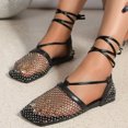 thumbnail image 2 of Women's Mesh Wrap-Up Heels Square Toe Fishnet Sandals Strappy Flat Slides Summer Closed Toe Beach Party Shoes（Black，Size 8.5), 2 of 8