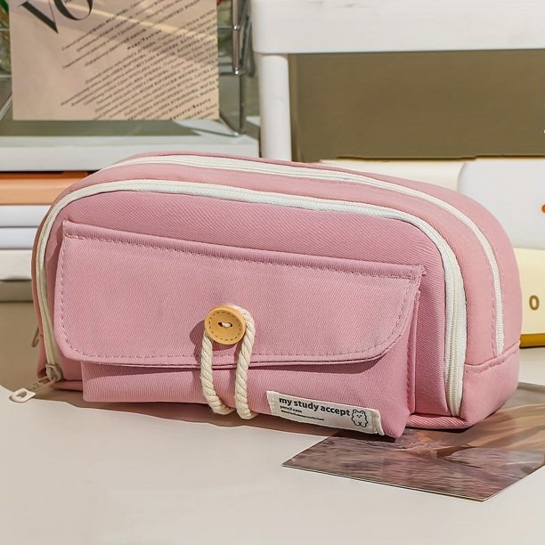 Button Cotton Rope Cute Pencil Case Large Opening And Large Capacity Canvas Stationery Bag Student Learning Supplies Storage Bag Pencil Case Female DIY Cosmetic Bag Convenient Travel Handbag