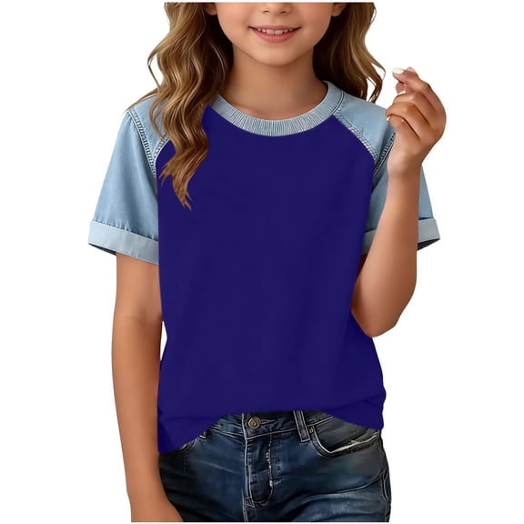 OGLCCG Tween Girls Denim Shirts Casual Short Sleeve Denim Patchwork Tee Shirt Lightweight Crewneck Summer Tops 4-15 Years