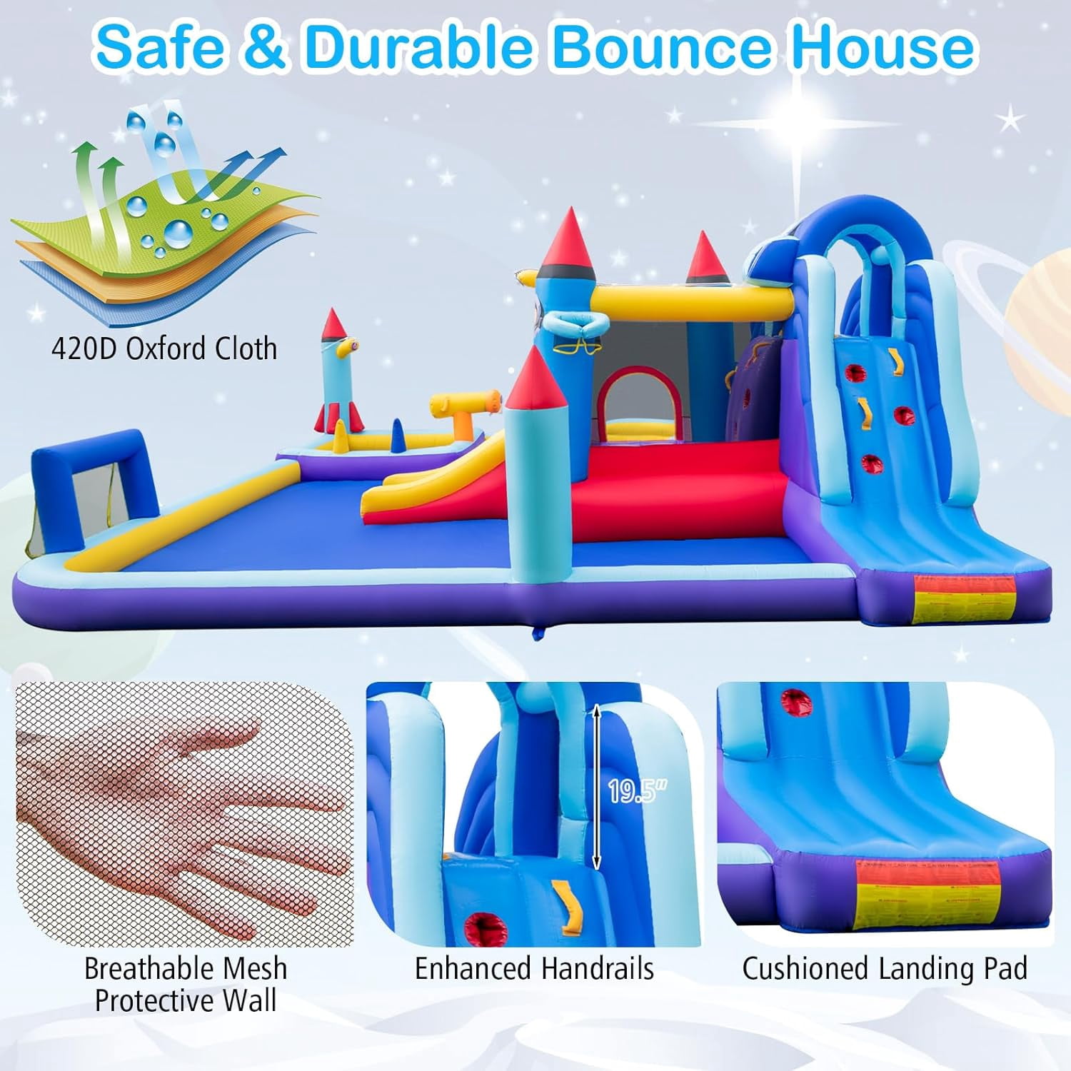 OLAKIDS Inflatable Water Slide, 10 in 1 Rocket Theme Bounce House Water Park with 2 Slides Splash Pool Volleyball Soccer Gate, Outdoor Inflatable Obstacle Course for Kids Backyard (Without 950W)