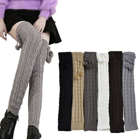 

1 Pair Leg Warmers Knitted Lace-up Pompoms Over Knee Stretchy Soft Keep Warm Solid Color Autumn Winter Women Boot Stockings for Daily Life Khaki