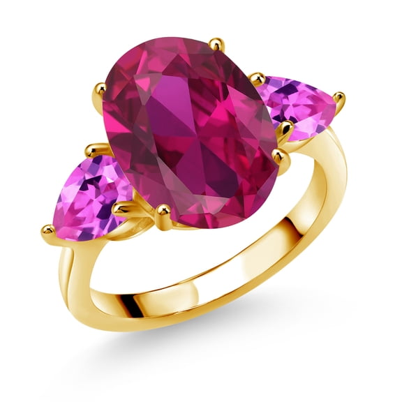 Gem Stone King 18K Yellow Gold Plated Silver Red Created Ruby and Pink Created Sapphire Ring for Women (5.00 Cttw, 14X10MM Oval and 7X5MM Pear Shape, Gemstone July Birthstone, Size 8)