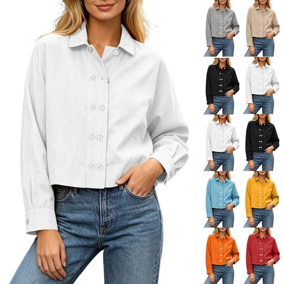 KICILVS Cropped Button Down Shirts for Women Collared Long Sleeve Plain Blouse Casual Trendy Tops Cute Fall Outfits Women White, XL