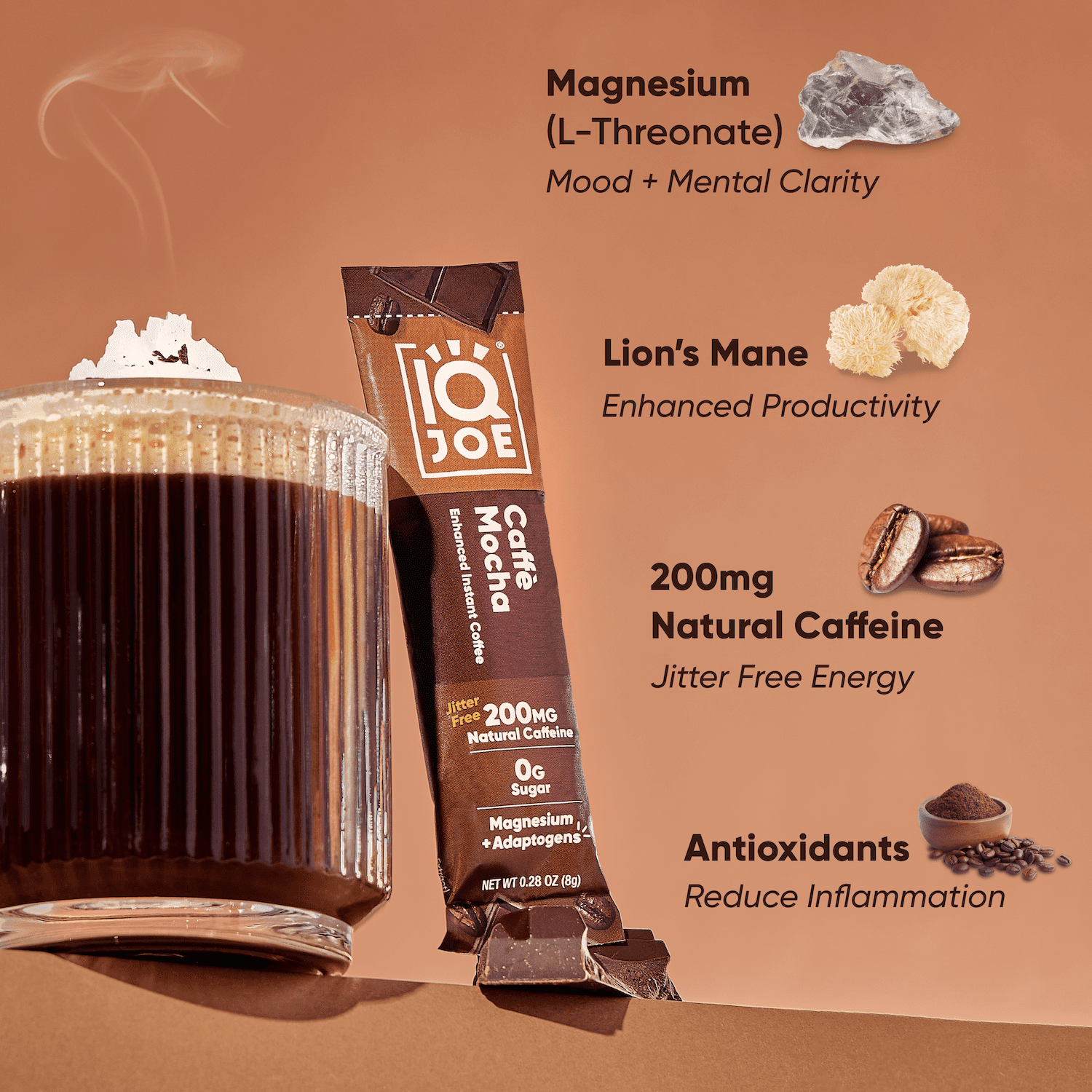 IQJOE Mushroom Coffee Packets (16 Servings) Lion’s Mane, Magtein Magnesium, Antioxidants, Adaptogens - Variety Pack - Instant Coffee for Focus, Clarity, Mood, Energy Boost - Sugar Free, Keto, Vegan