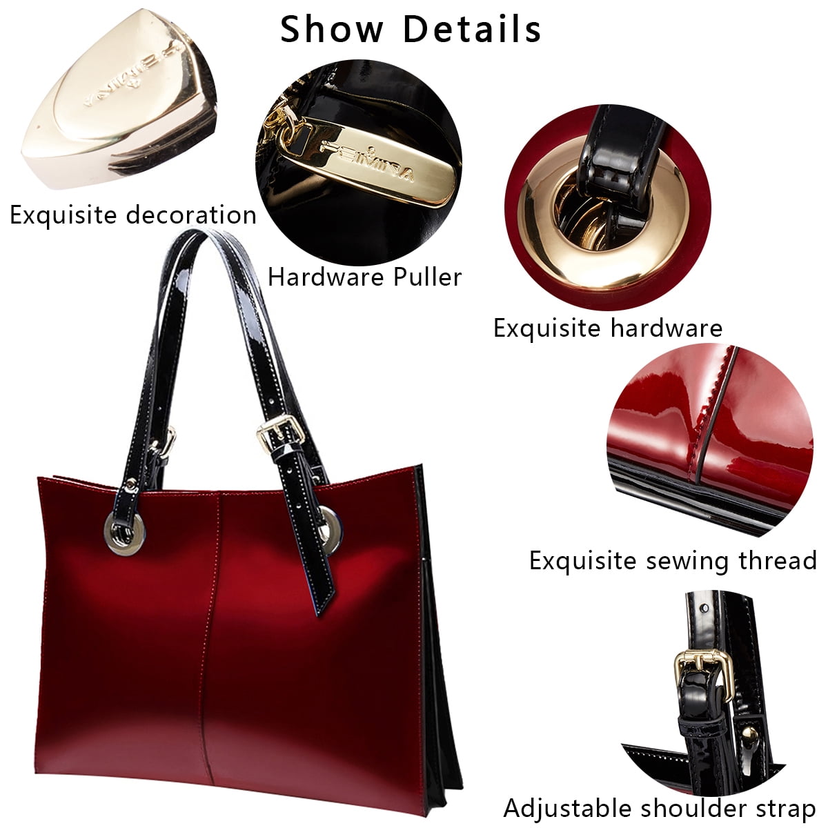 Feimina Patent Leather Shoulder Bag For Women,Genuine Shiny Large Leather Bag,Designer Luxury Handbags Women ,Wine Red Tote Purse, Large Capacity