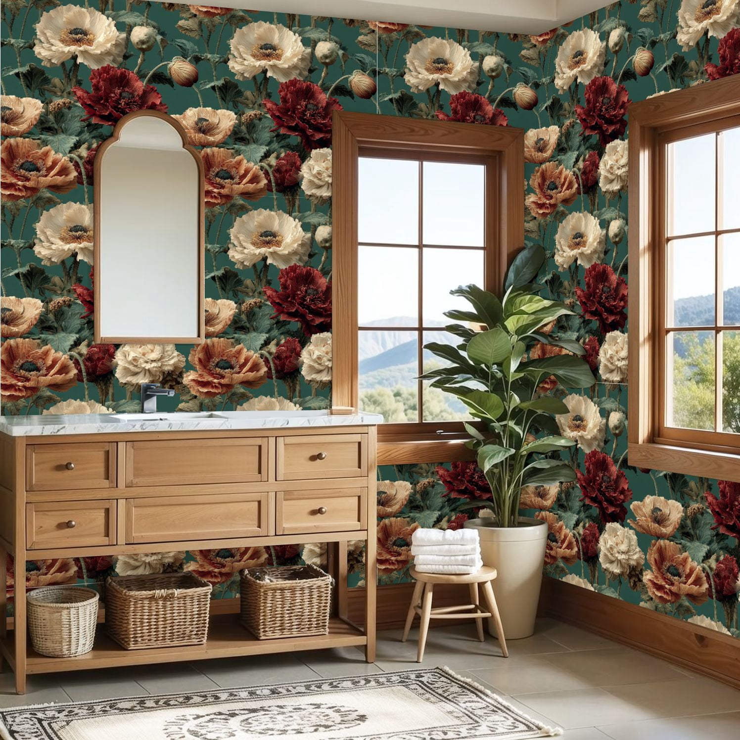 Vintage Peel and Stick Wallpaper Vivid Poppies Bloom Lush Greenery Soft Lighting Wall Mural 23.6in x 9.8ft Self Adhesive Removable Wall Paper Floral Contact Paper for Nursery Bedroom Cabinets