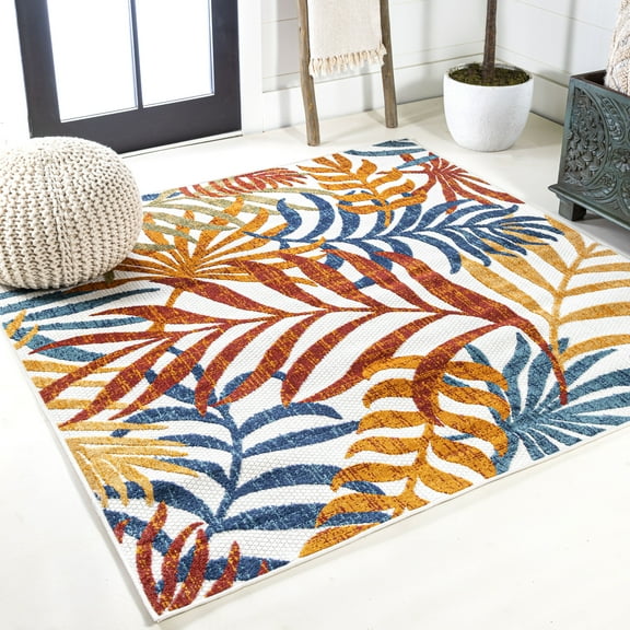 JONATHAN Y AMALFI COAST 6' Square Area Rug, Tropics Palm Leaves - Cream/Orange, AMC100B-6SQ