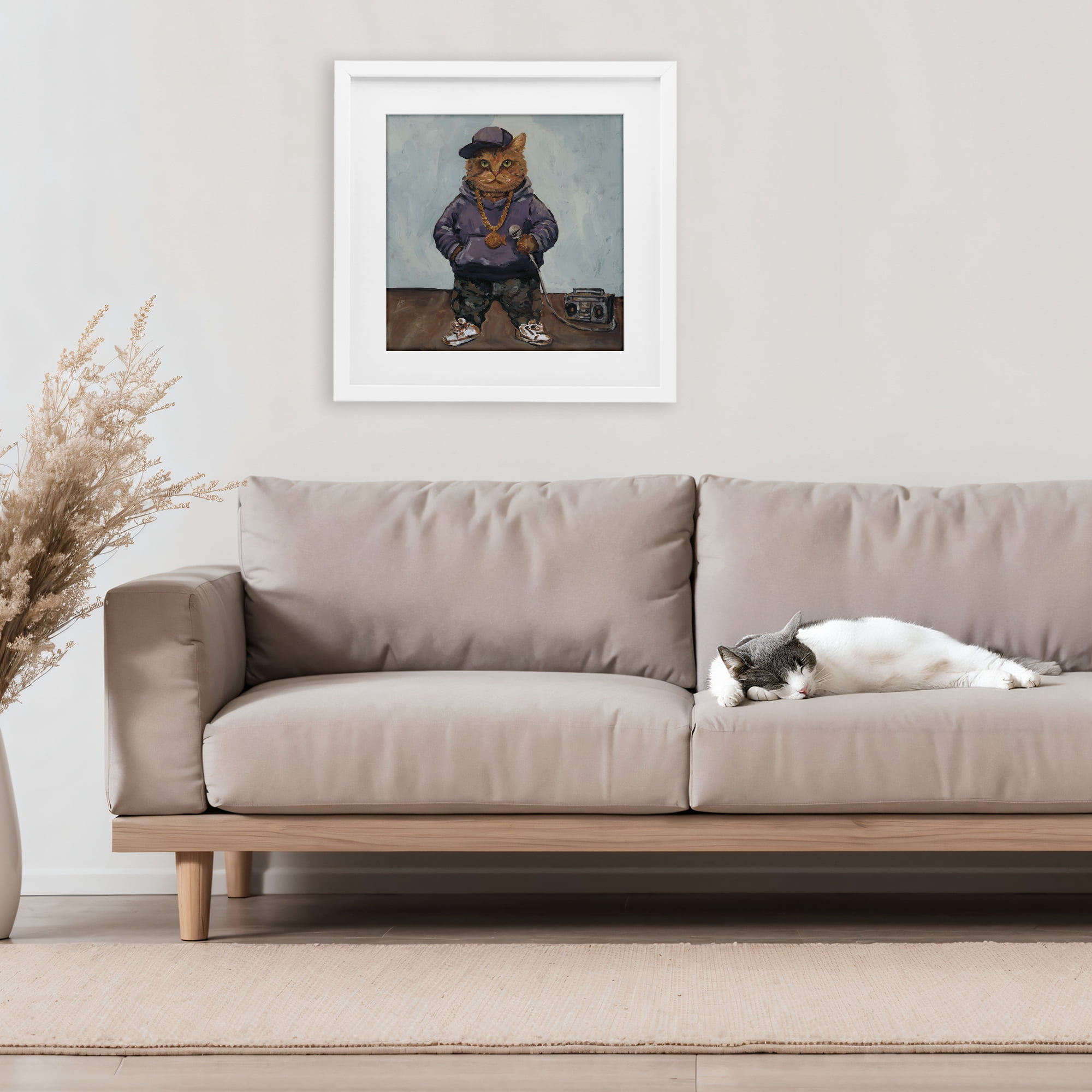 Stupell Industries Urban Hip-Hop Cat White Framed Print Under Glass, design by Studio Bautista