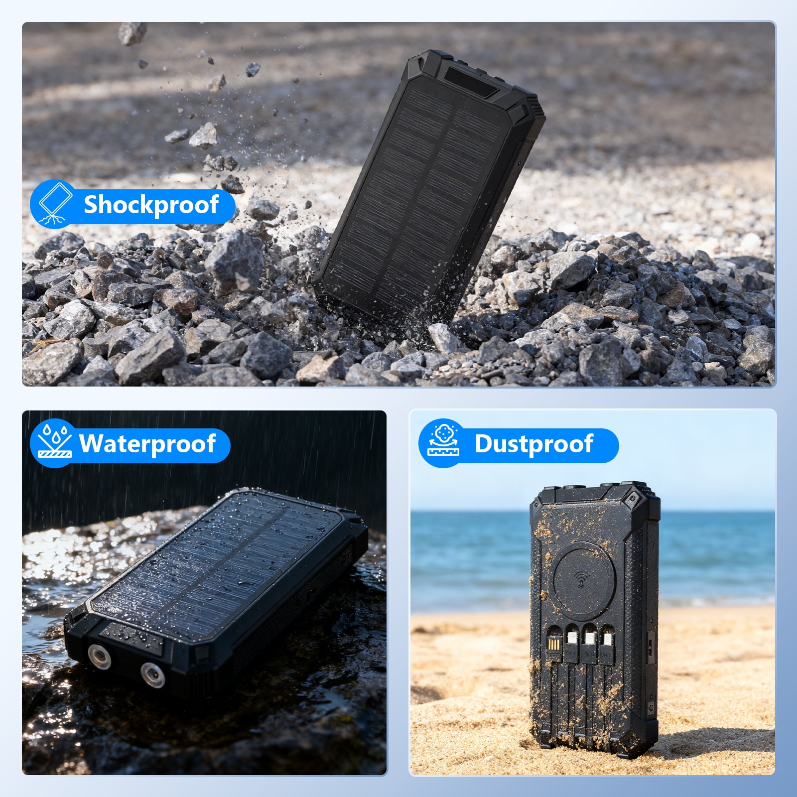 CATGOOD 20000mAh Solar Power Bank, 22.5W Fast Charging Portable Charger with 4 Built-in Cables & 10W Wireless Charging, Travel Battery Pack with Camping Flashlight(Black)