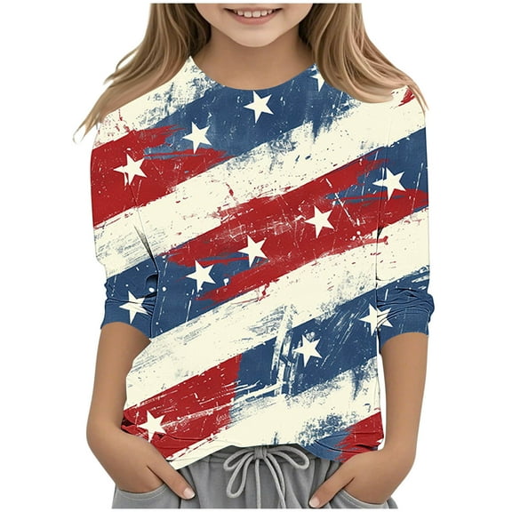 RKSTN Boys Girls Long Sleeve Soft Crewneck American Independence Day Shirts Solid Color Warm Tee Pullover Blouse Shirt Tops Fall Clothes 2-10 Years