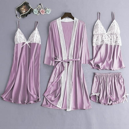 

Xysaqa Pajamas for Women Satin Pajama Set 4pcs Cami Top Shorts Nightgown Sleepwear Robe Sets Cute Lace Trim Pjs Sets for Women Soft