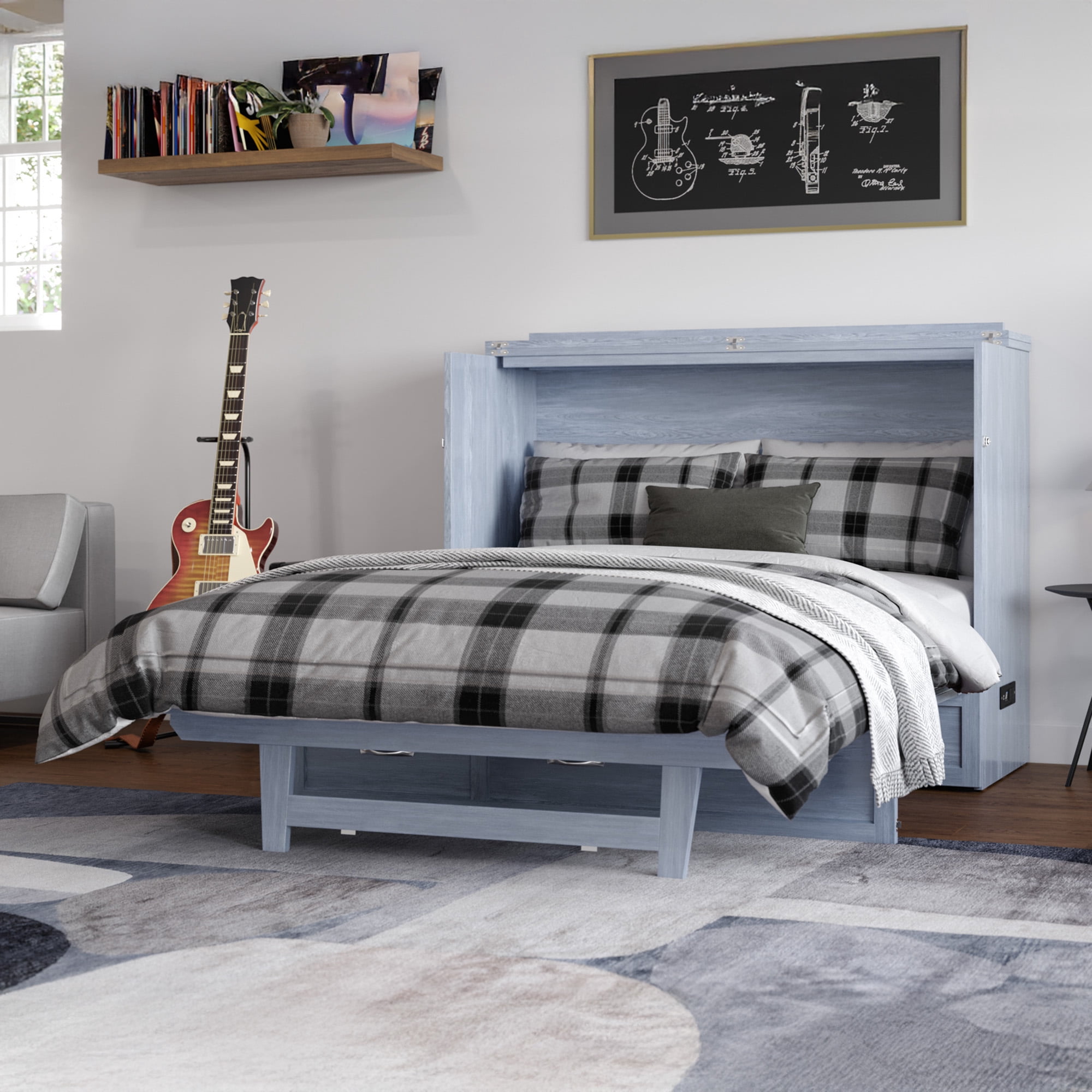 AFI Northfield Full Wood Murphy Bed Chest with 6" Mattress, Drawer & Charger, Driftwood