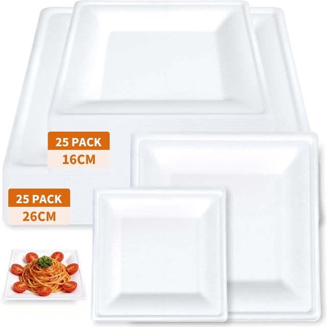 50 Platos De Plástico Reutilizables y Elegantes, 25 Platos Cuadrados De 26 CM y 25 Platos De 16 CM, Plato a Prueba De Líquidos Es Adecuado Para Fiestas, Cenas, Bodas y Graduaciones