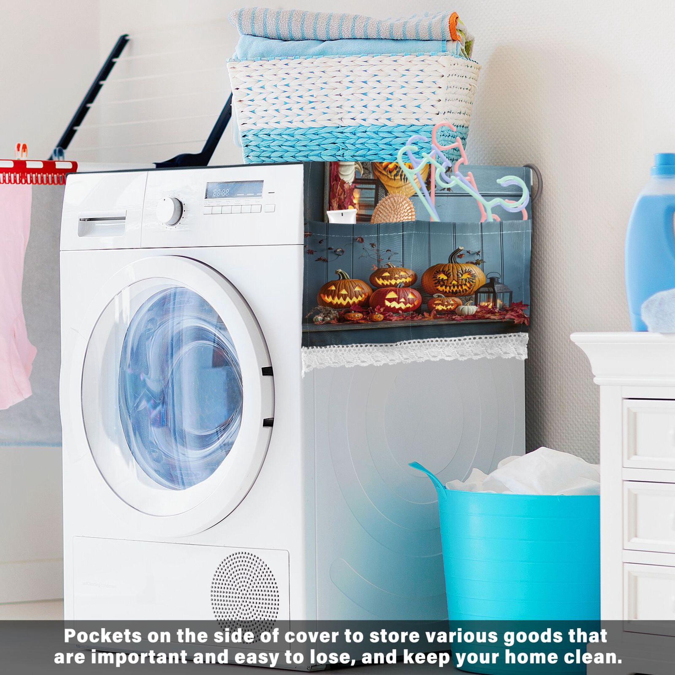 Pumpkins with Different FaceWasher and Dryer Covers Dust-Proof and Oil Resistant Fridge Cover with 4 Storage Pockets Washing Machine Top Cover for Laundry Kitchen Home 51.2 x 22 In