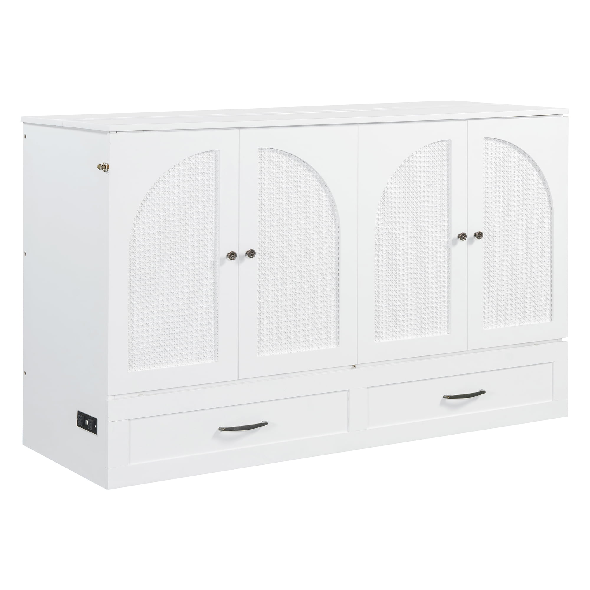 Mintazer Queen Murphy Bed with Rattan Cabinet & Storage Drawer, Modern Foldable Cabinet Bed with USB Port for Bedroom Apartment Guest Room, White
