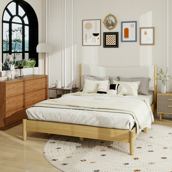 Queen Size Rubber Wooden , Solid Wooden Bed with Teddy Velvet Cushion Upholstered Headboard, Enhanced by Support Feet,Beech White