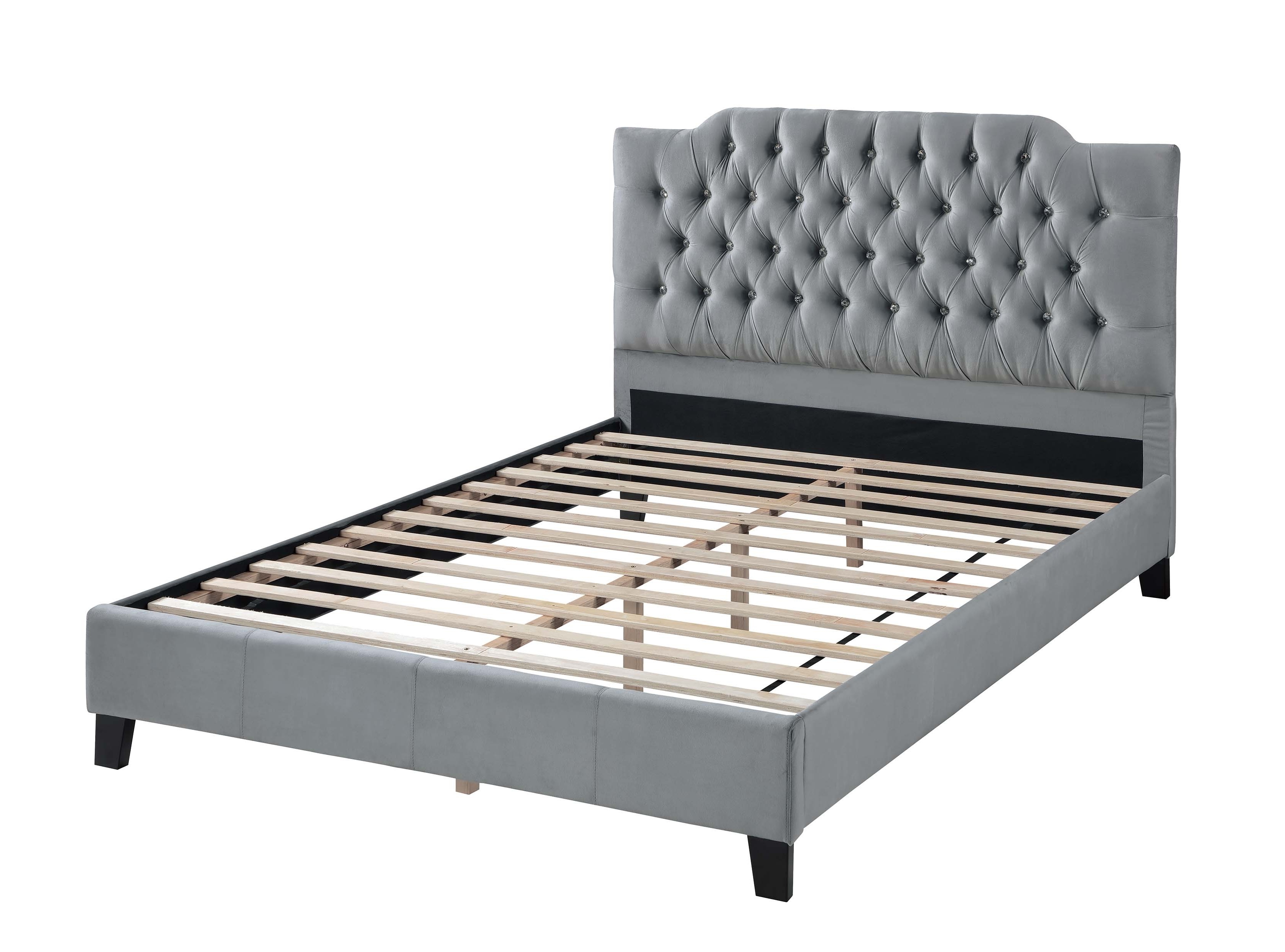 Bed Frame Gorgeous Gray Velvet Queen Size Bed 1pc Bedframe Modern Tufted Upholstered Headboard Bedroom Furniture