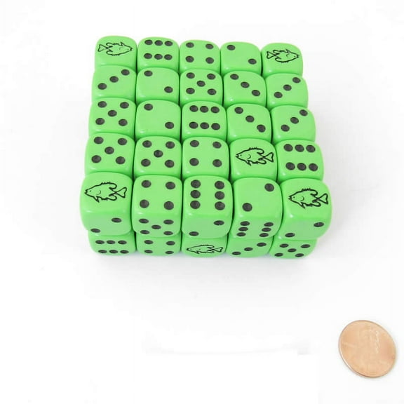 Green Fish Dice with Black Pips D6 16mm (5/8in) Bulk Pack of 50 Koplow Games
