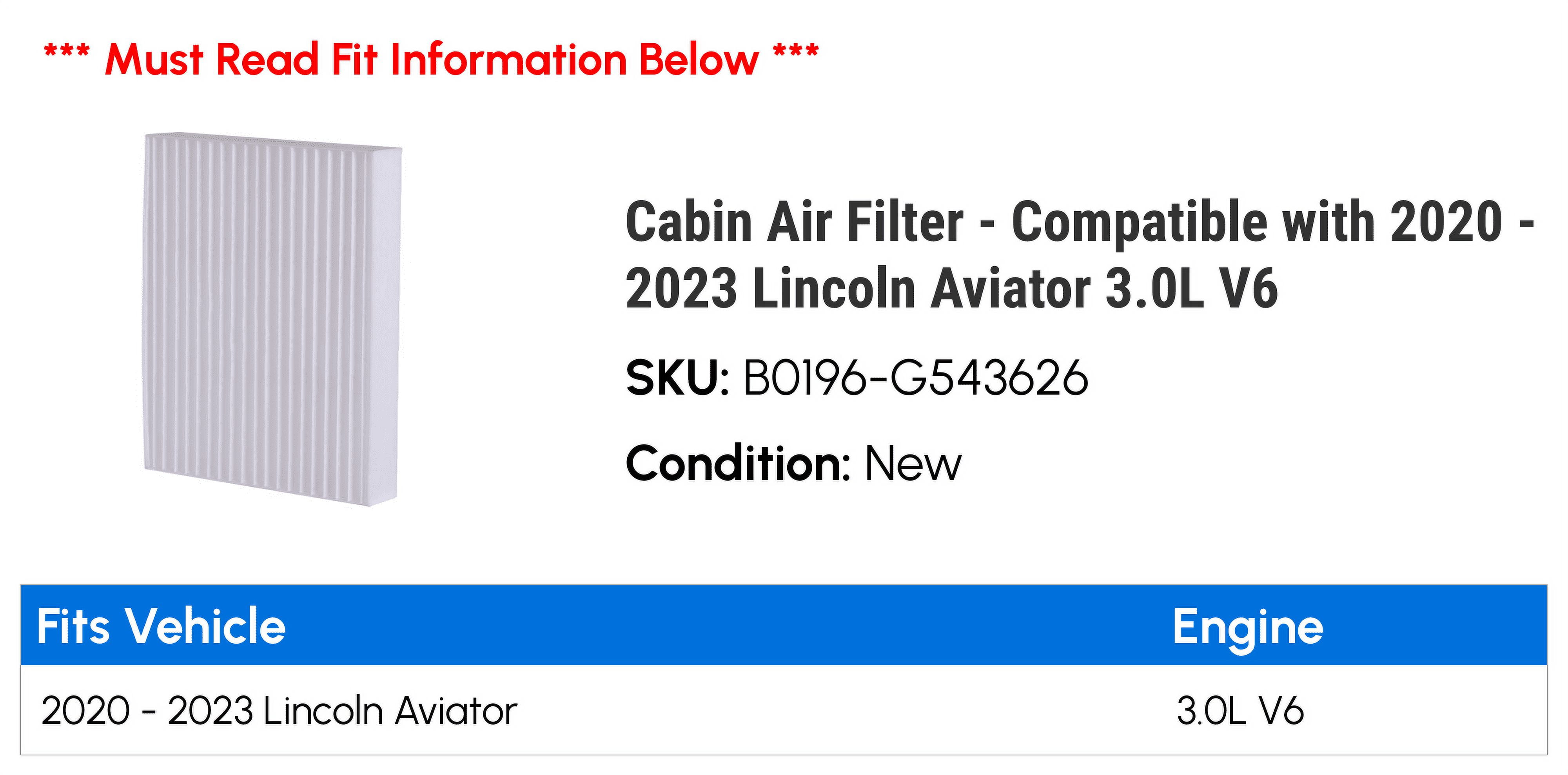 Cabin Air Filter - Compatible with 2020 - 2023 Lincoln Aviator 3.0L V6 2021 2022