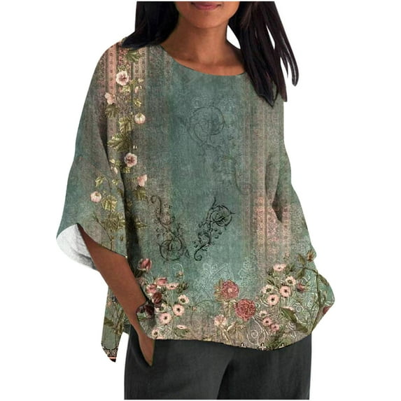 pbnbp Ombre Tie Dye Shirt Womens Casual Crewneck 3/4 Sleeve Cotton Linen T-Shirts Trendy Floral Loose Fit Blouses Ladies Tops and Blouses 2023