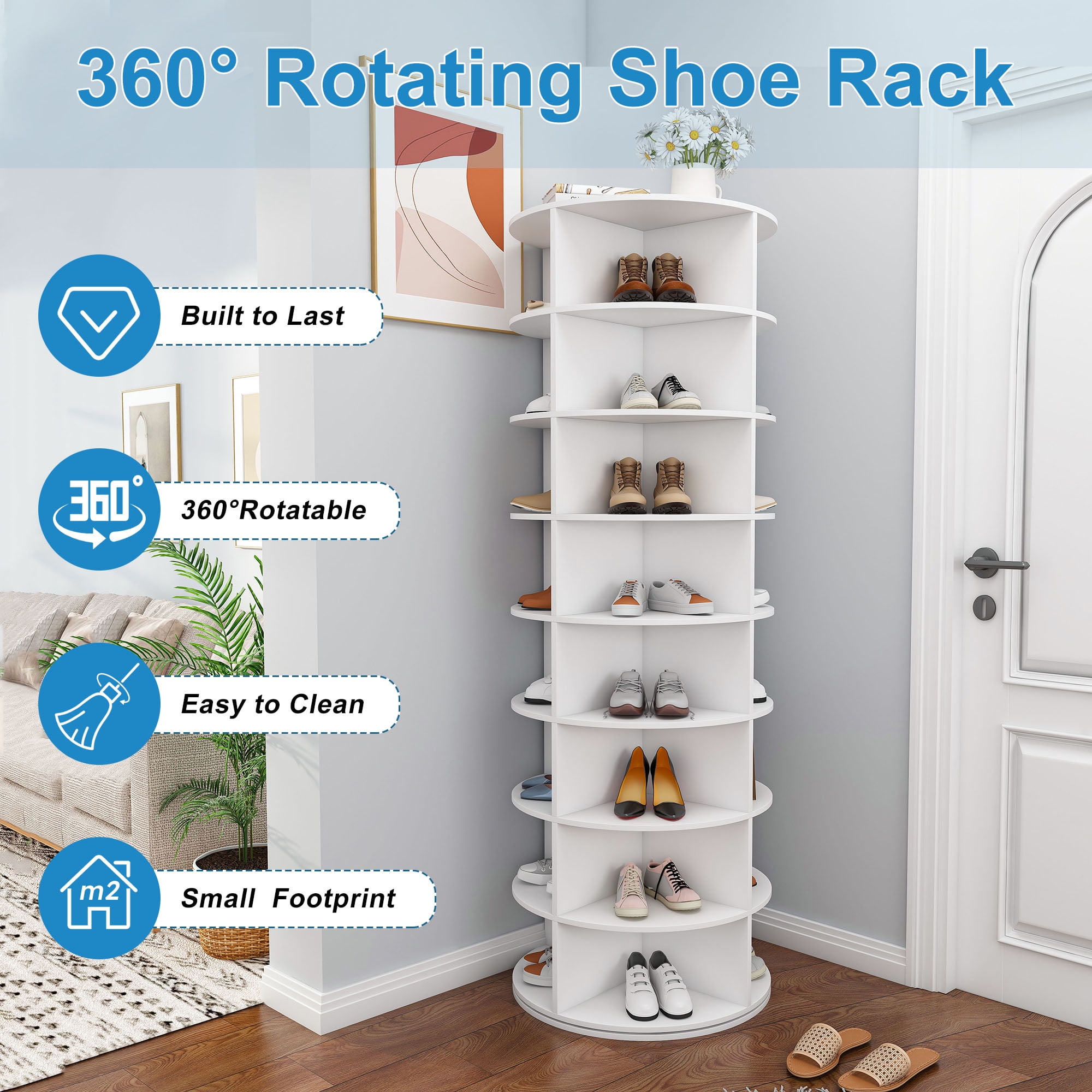 CQSXDA Rotating Shoe Rack Tower in White, 8-Tier Free Standing Revolving Organizer Holds Up to 32 Pairs of Shoes